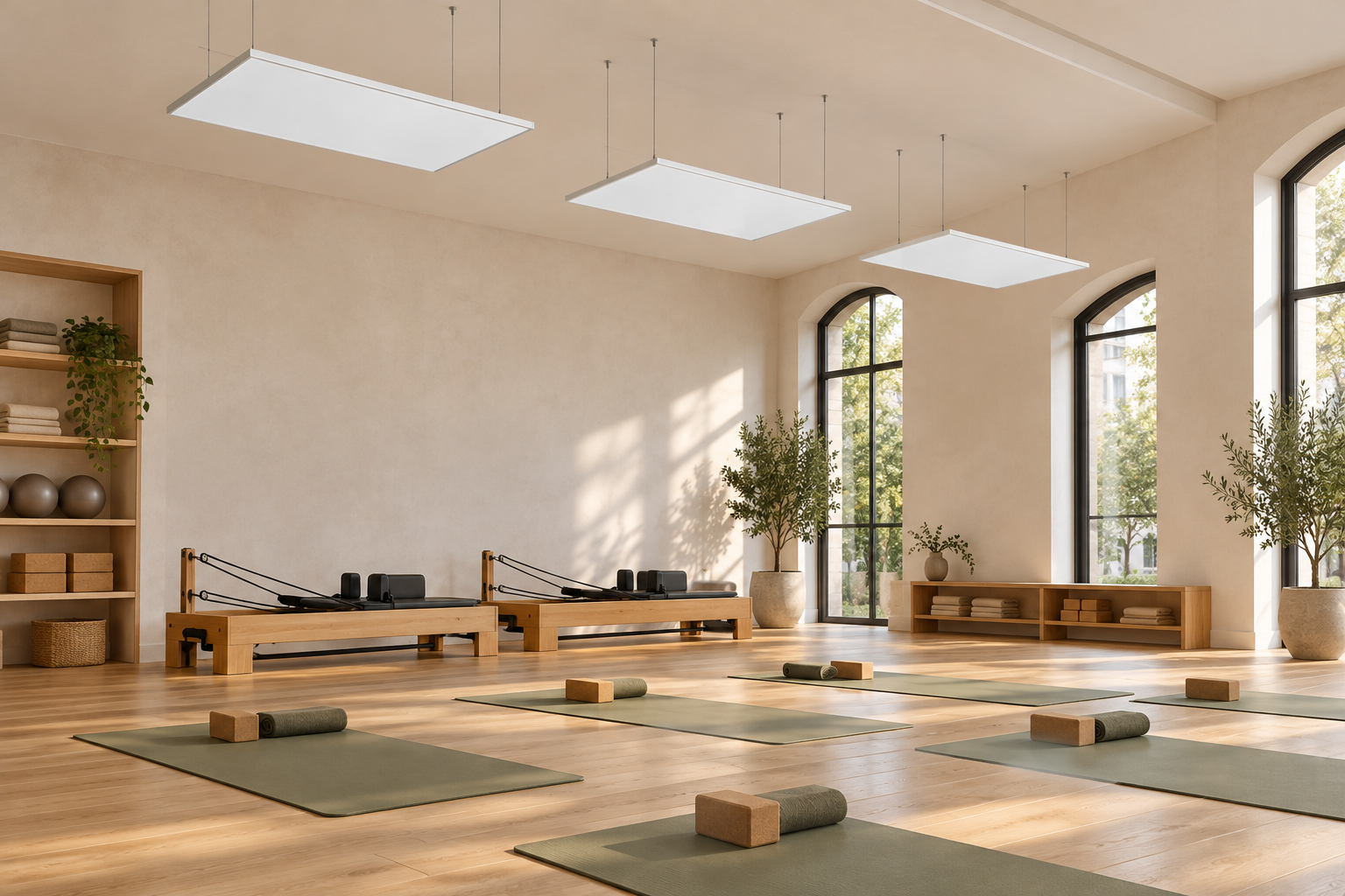 AI-generated installation concept showing three white rectangular Shapes Panel heaters suspended above yoga mats and Pilates reformers in a sunlit studio
